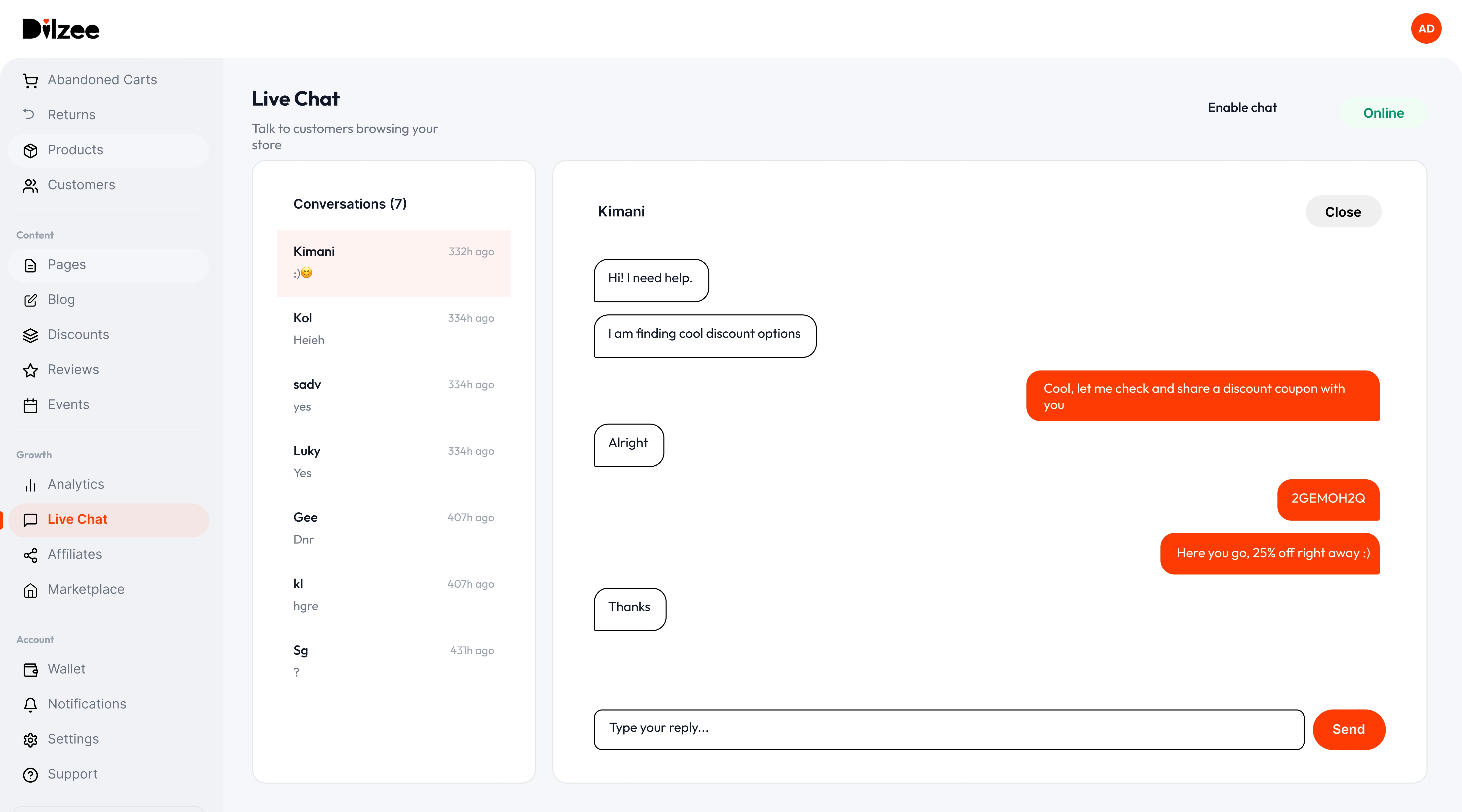 Storefront live chat widget